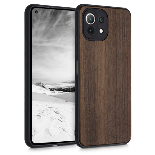 kwmobile Handyhülle für Xiaomi 11 Lite (5G) NE / Mi 11 Lite (5G) Hülle Holz - Case mit TPU Bumper - Stoßfestes Hardcase - Schutzhülle Cover in Dunkelbraun Dunkelbraun  