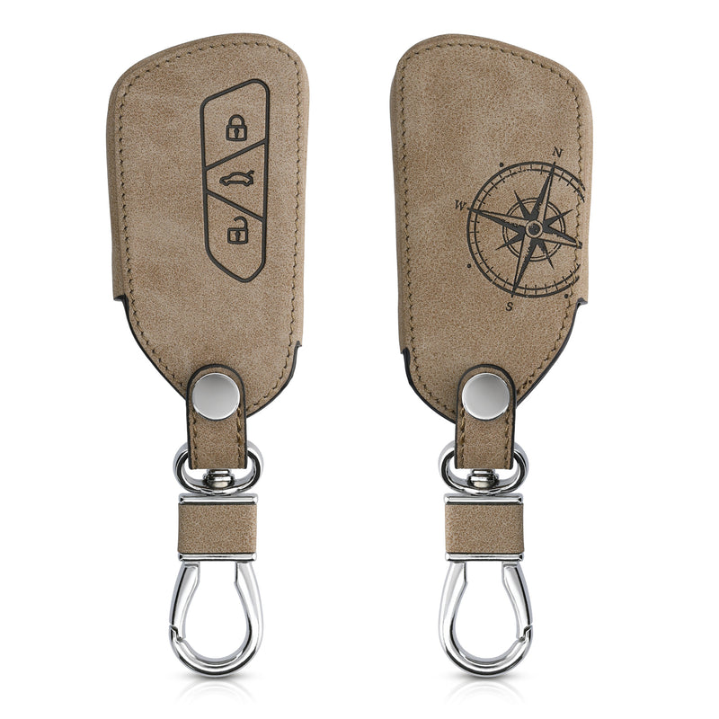 VW Golf 8 3-Button Faux Leather Car Key Cover Taupe Compass