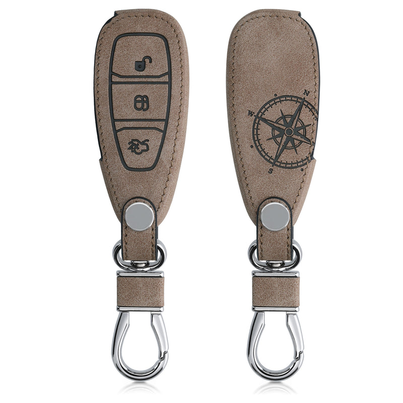 Ford 3-Button Keyless Go Faux Leather Car Key Cover Beige Suede Compass