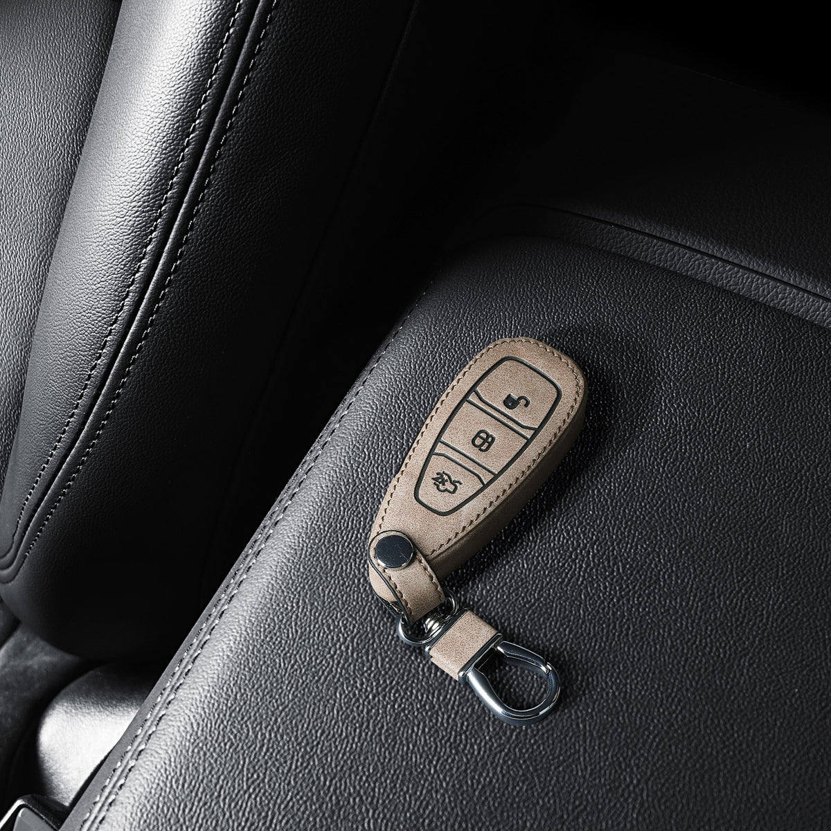Ford 3-Button Keyless Go Faux Leather Car Key Cover Beige Suede Compass