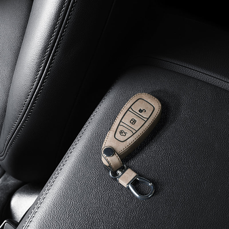 Ford 3-Button Keyless Go Faux Leather Car Key Cover Beige Suede Compass