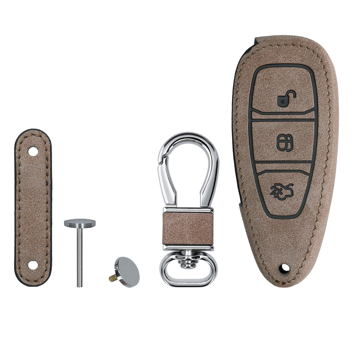 Ford 3-Button Keyless Go Faux Leather Car Key Cover Beige Suede Compass