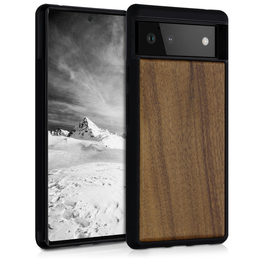 kwmobile Handyhülle für Google Pixel 6 Hülle Holz - Case mit TPU Bumper - Stoßfestes Hardcase - Schutzhülle Cover in Dunkelbraun Dunkelbraun  
