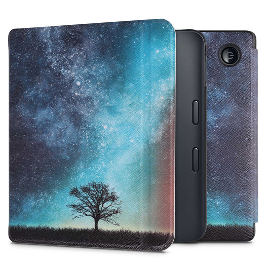 kwmobile Schutzhülle für Kobo Libra 2 Hülle - eReader Flip Case mit Auto Sleep Funktion - Galaxie Baum Wiese mit Blau Grau Schwarz Blau  [dsg01]
