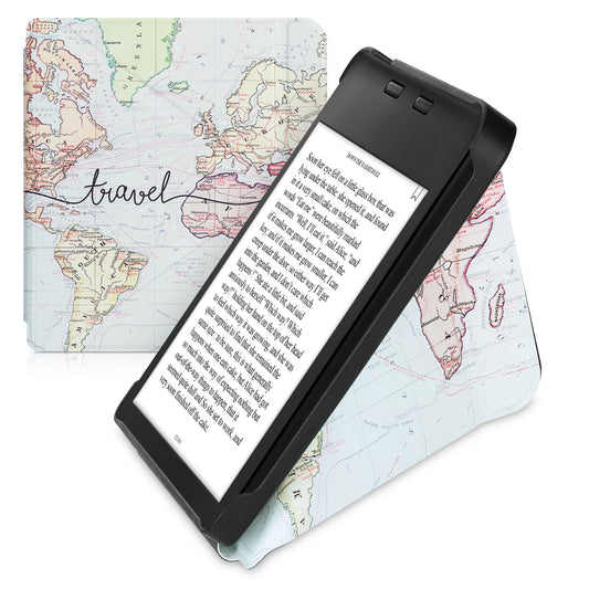kwmobile Kunstleder eReader Schutzhülle für Kobo Libra 2 Hülle - Falt Cover für E-Reader in Schwarz Mehrfarbig - Travel Schriftzug Schwarz  [dsg03]