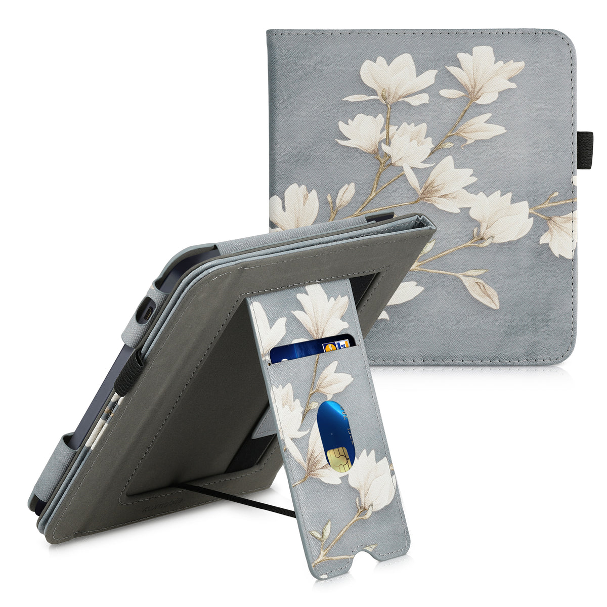 Kobo Libra 2 with Hand Strap Flip Case Magnolias on Grey