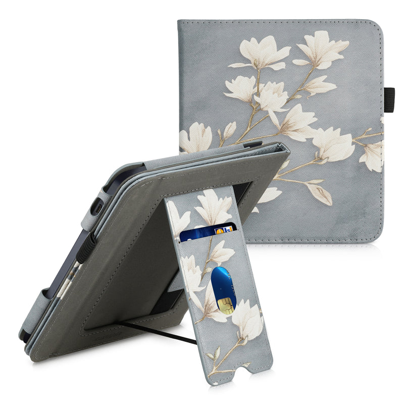 Kobo Libra 2 with Hand Strap Flip Case Magnolias on Grey