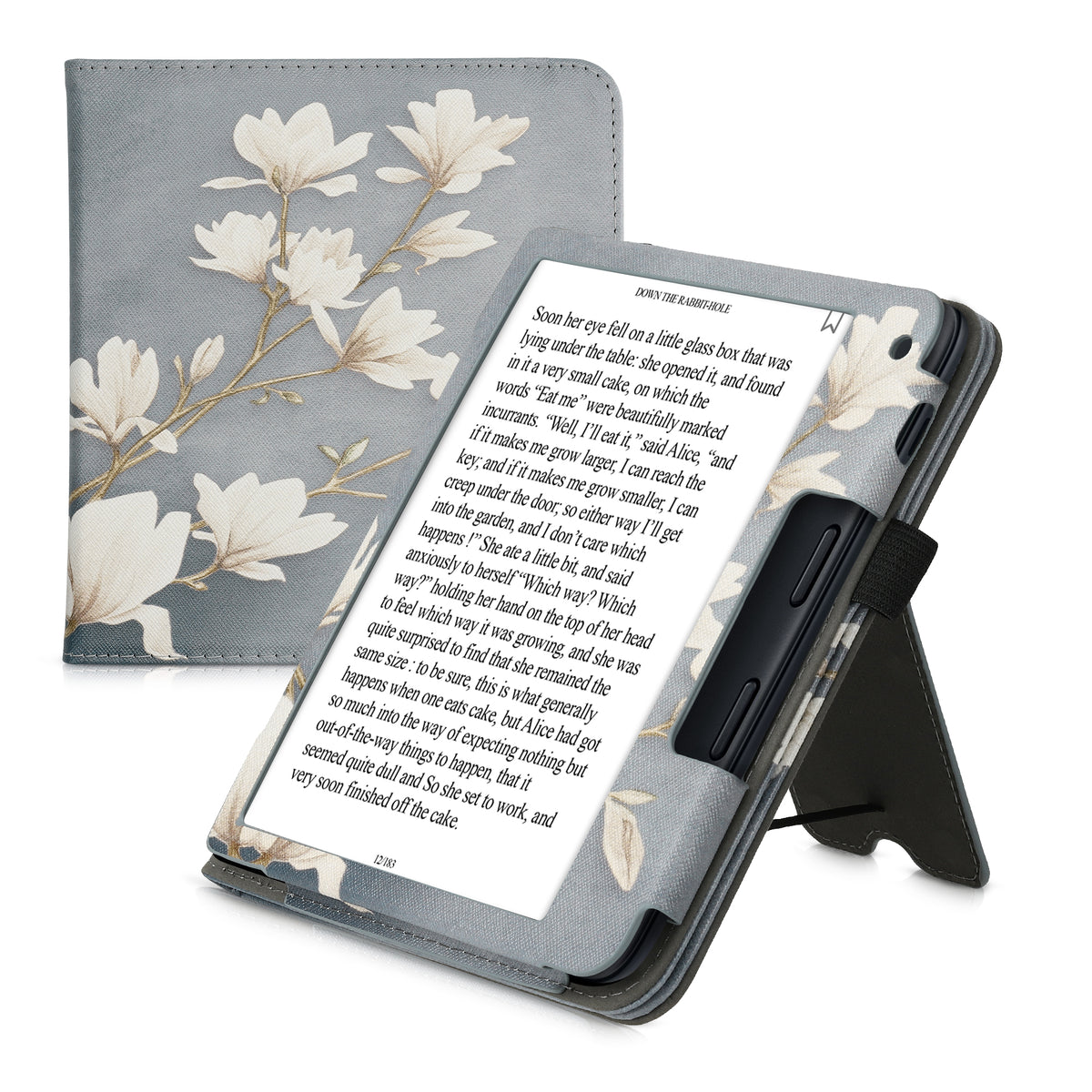 Kobo Libra 2 with Hand Strap Flip Case Magnolias on Grey