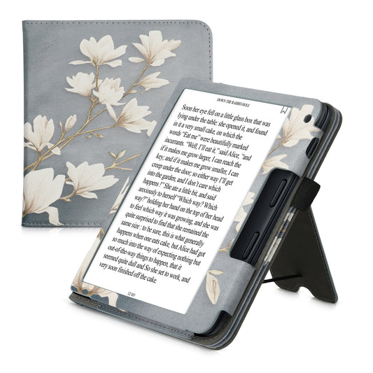 Kobo Libra 2 with Hand Strap Flip Case Magnolias on Grey