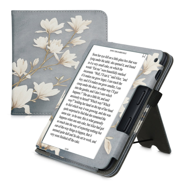 Kobo Libra 2 with Hand Strap Flip Case Magnolias on Grey
