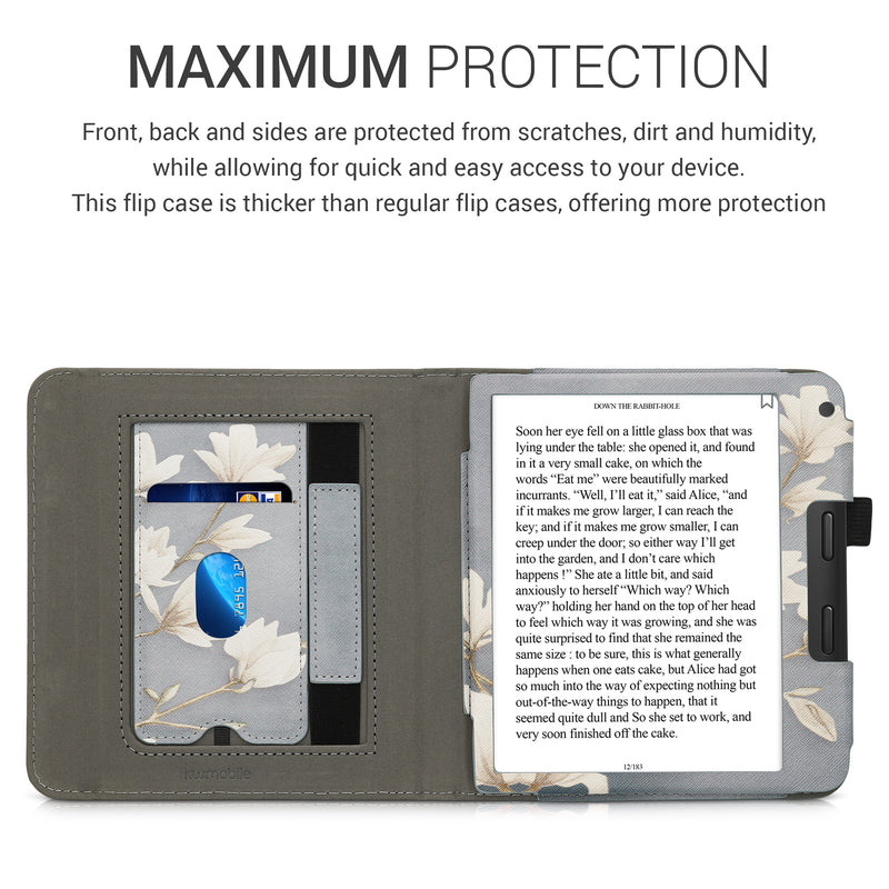 Kobo Libra 2 with Hand Strap Flip Case Magnolias on Grey