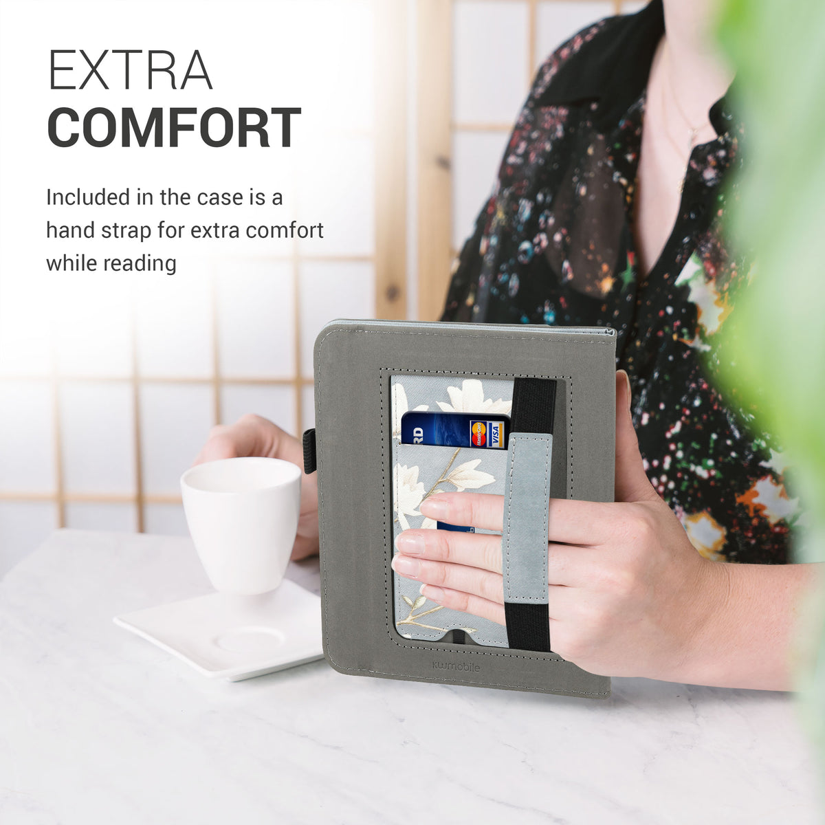 Kobo Libra 2 with Hand Strap Flip Case Magnolias on Grey