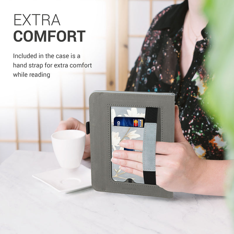 Kobo Libra 2 with Hand Strap Flip Case Magnolias on Grey