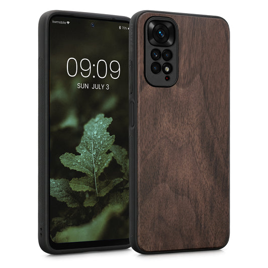 kwmobile Handyhülle für Xiaomi Redmi Note 11 / Note 11S Hülle Holz - Case mit TPU Bumper - Stoßfestes Hardcase - Schutzhülle Cover in Dunkelbraun Dunkelbraun  