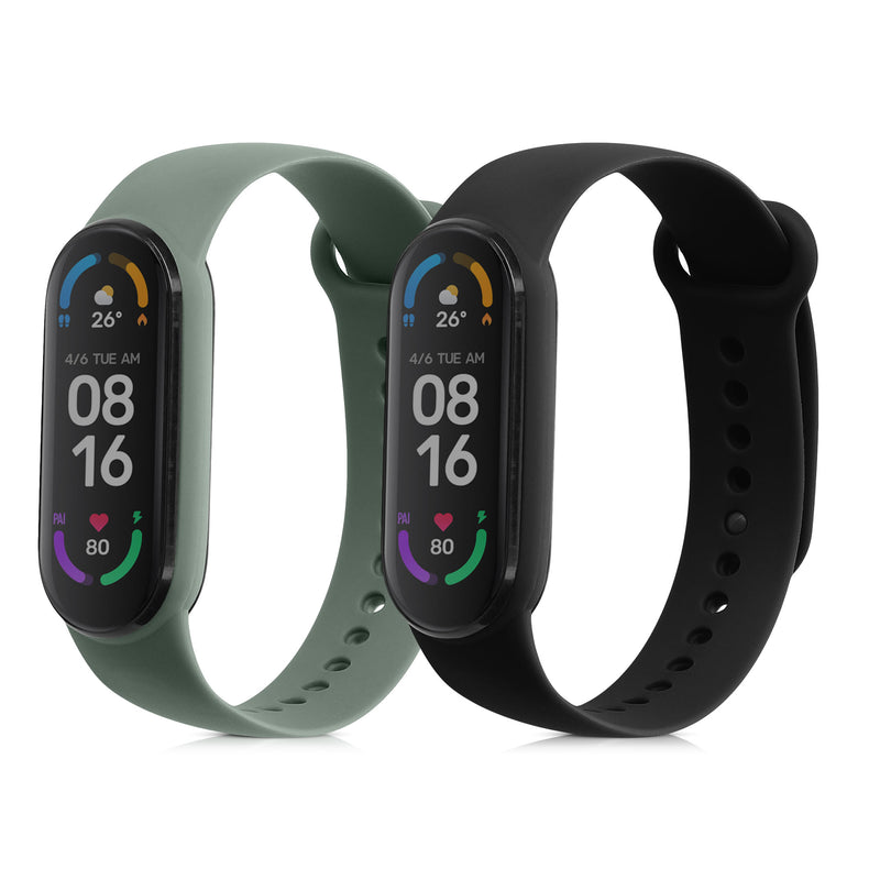 kwmobile 2x Uhrenarmband für Xiaomi Mi Smart Band 6 / Mi Band 6 / Band 5 Armband - Fitnesstracker Band Set aus TPU Silikon - Ersatzarmband Smartwatch - Schwarz Pastellgrün Schwarz  [dsg04]