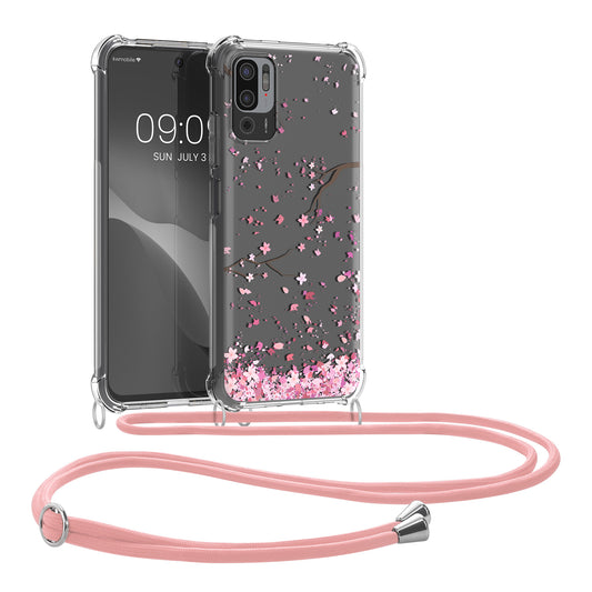 kwmobile Necklace Case kompatibel mit Xiaomi Redmi Note 10 5G Hülle - Silikon Cover mit Handykette - Rosa Dunkelbraun Transparent Kirschblütenblätter Rosa  [dsg02]