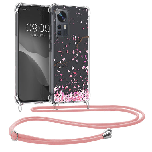 kwmobile Necklace Case compatible with Xiaomi 12 / 12X Silicone Cover with Lanyard Transparent Cherry Blossom Petals