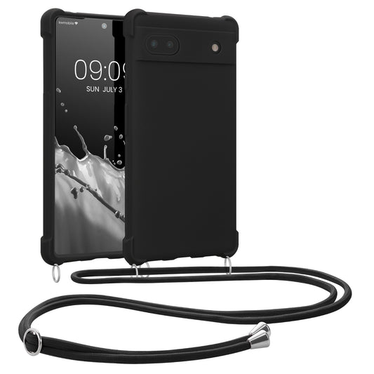kwmobile Necklace Case kompatibel mit Google Pixel 6a Hülle - Cover mit Kordel zum Umhängen - Silikon Schutzhülle Schwarz Schwarz  