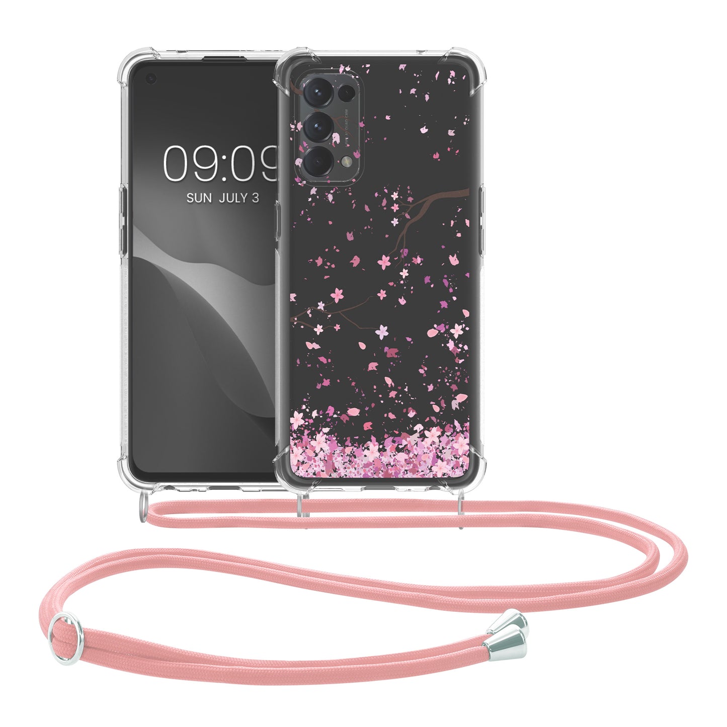 kwmobile Necklace Case compatible with Oppo Find X3 Lite Cover Silicone Case with Lanyard Cherry Blossom Petals