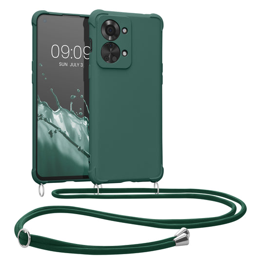 kwmobile Necklace Case kompatibel mit OnePlus Nord 2T 5G Hülle - Cover mit Kordel zum Umhängen - Silikon Schutzhülle Dunkelgrün Dunkelgrün  