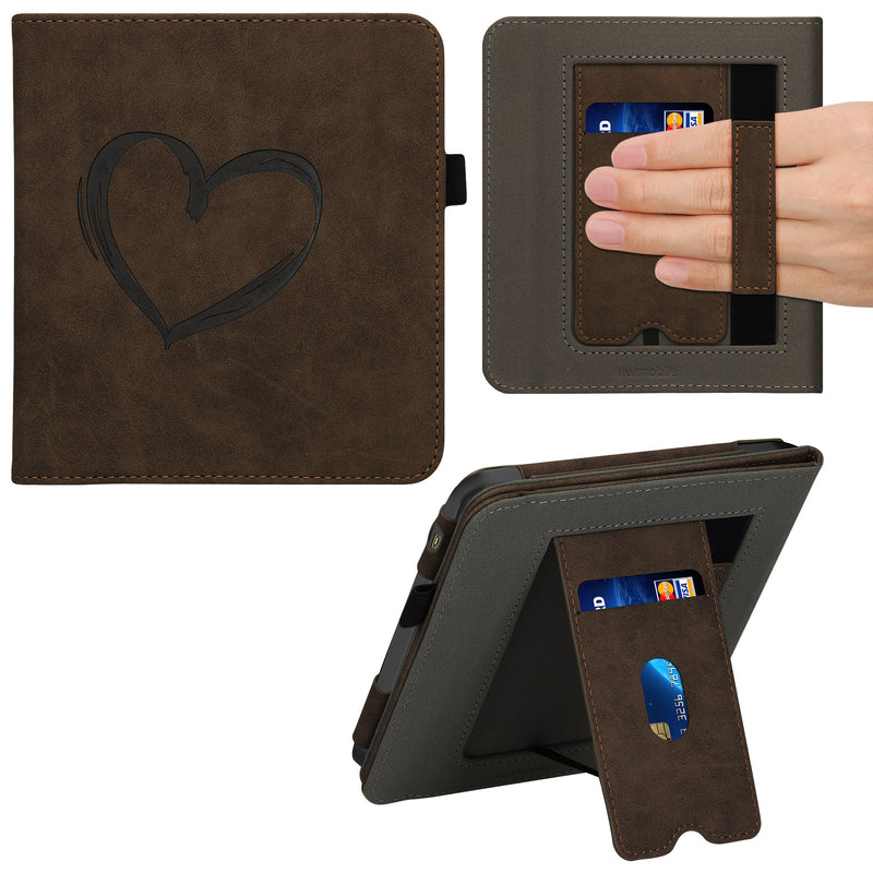 Tolino Vision 6 with Hand Strap Flip Case Brown Embossed Heart
