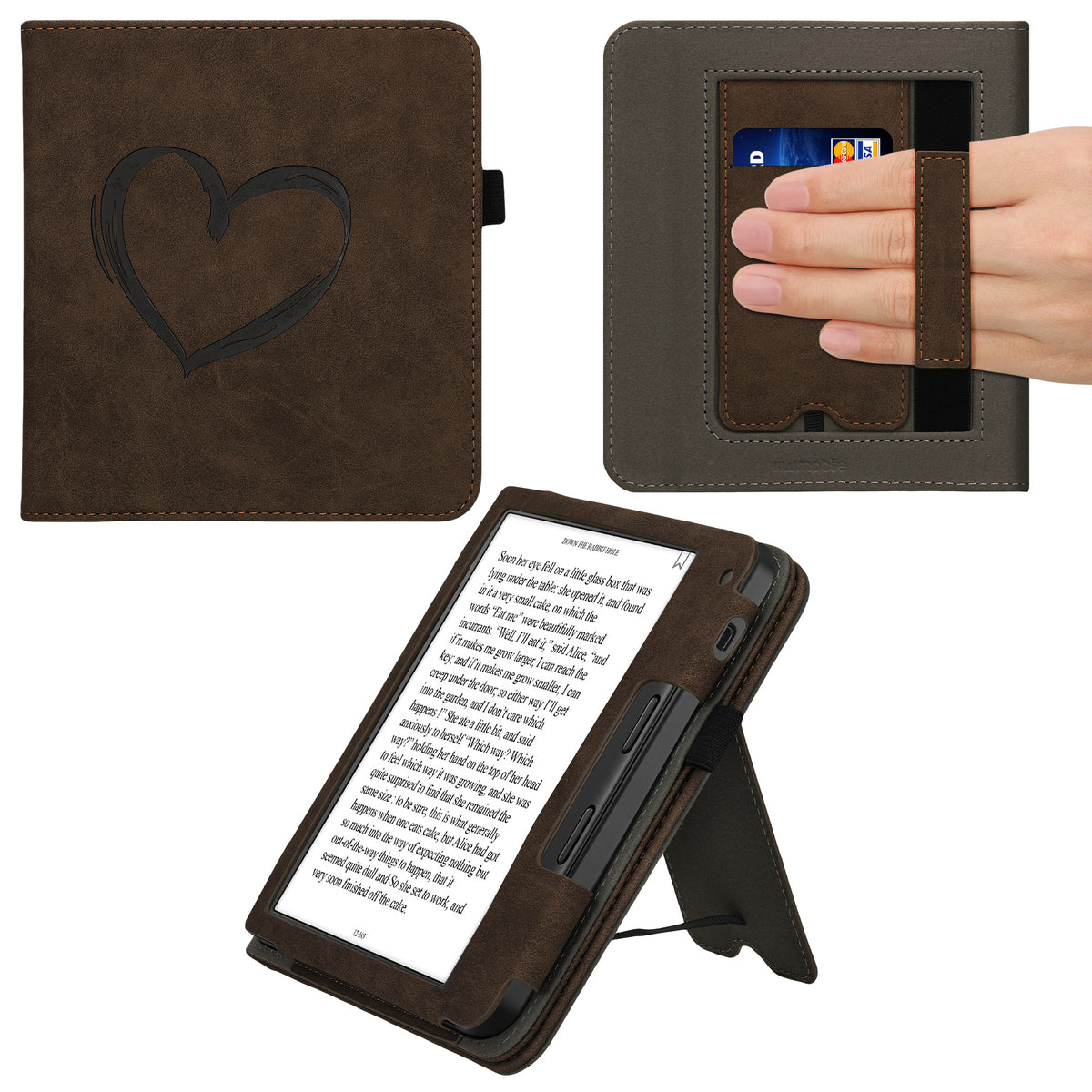 Tolino Vision 6 with Hand Strap Flip Case Brown Embossed Heart