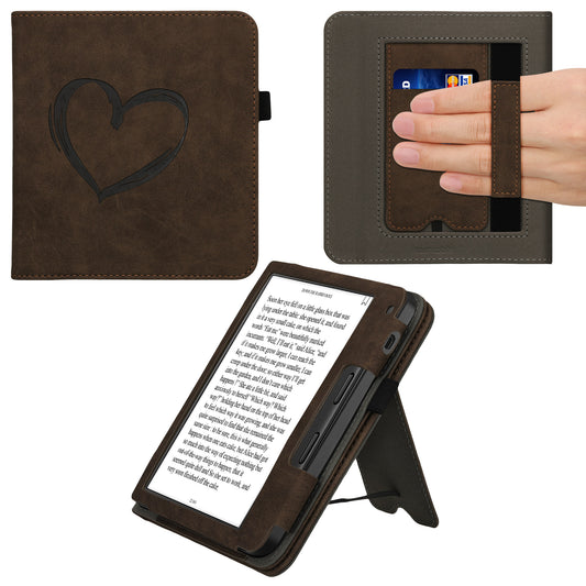 Tolino Vision 6 with Hand Strap Flip Case Brown Embossed Heart