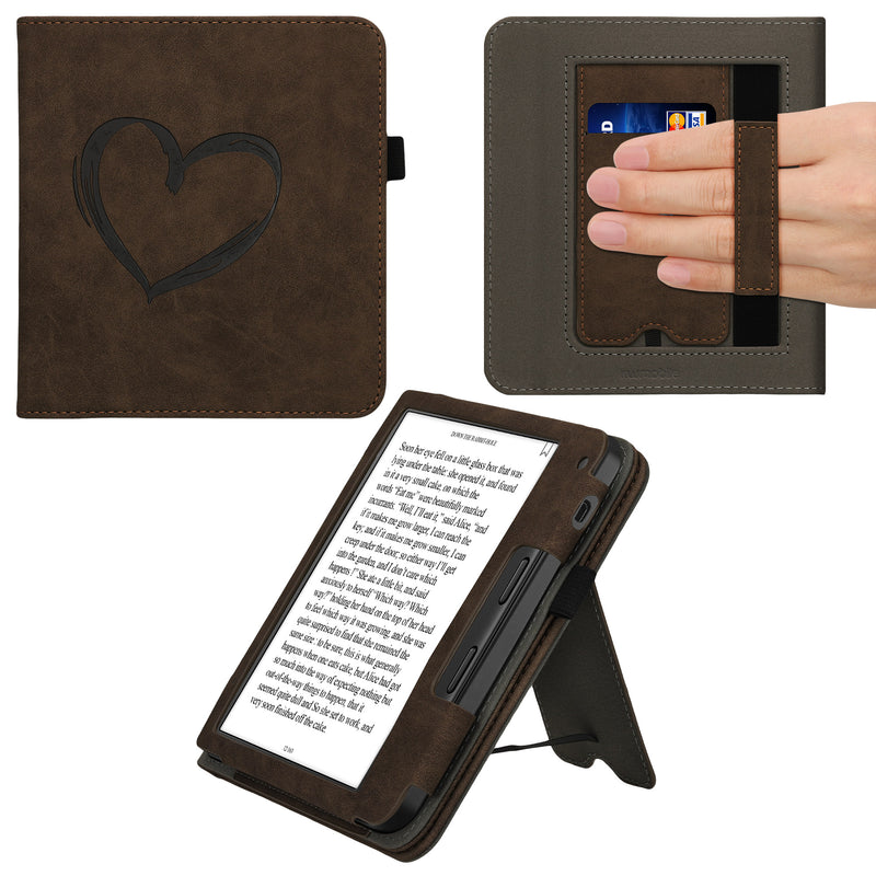 Tolino Vision 6 with Hand Strap Flip Case Brown Embossed Heart