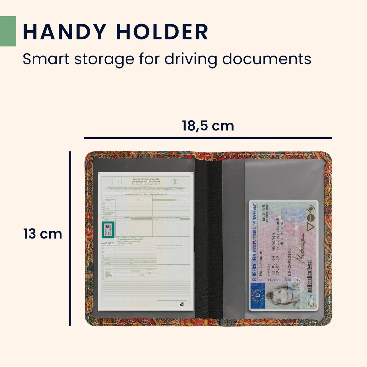 Car Registration Holder with Card Slots in Patterned Cork