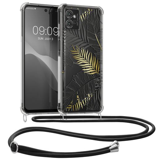 kwmobile Necklace Case kompatibel mit Motorola Moto G32 Hülle - Silikon Cover mit Handykette - Gold Grau Transparent Dschungel Gold  [dsg02]