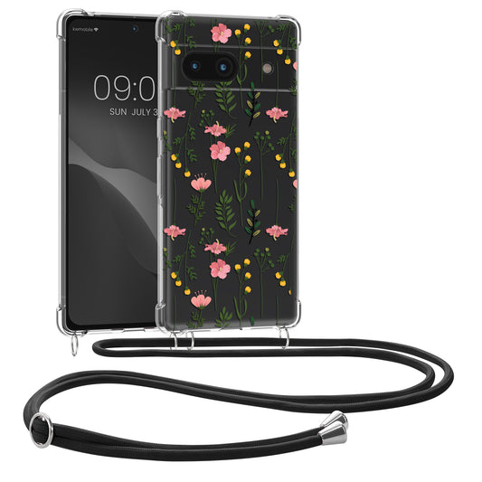 kwmobile Necklace Case compatible with Google Pixel 6a Silicone Cover with Phone Chain Cherry Blossom Petals