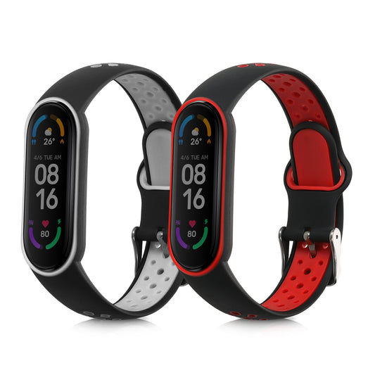 kwmobile 2x Uhrenarmband für Xiaomi Mi Smart Band 6 / Mi Band 6 / Band 5 Armband - Fitnesstracker Band Set aus TPU Silikon - Ersatzarmband Smartwatch - Schwarz Grau Schwarz Rot Schwarz  [dsg01]