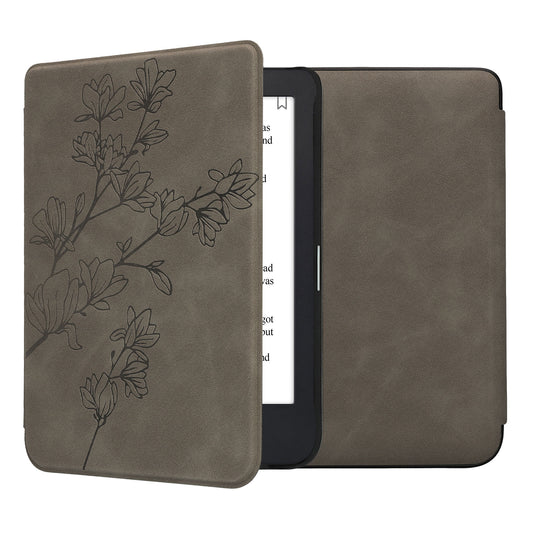 kwmobile Schutzhülle für Kobo Clara 2E / Tolino Shine 4 Hülle - eReader Case aus Kunstleder mit Auto Sleep Funktion - Magnolien mit Grau Grau  [dsg06]