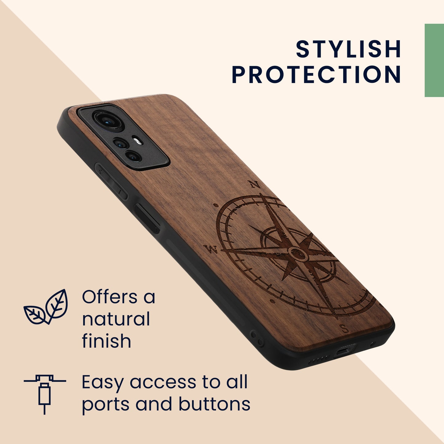 Wooden Hard Case with TPU Bumper for Xiaomi Redmi Note 12S Compass Vintage