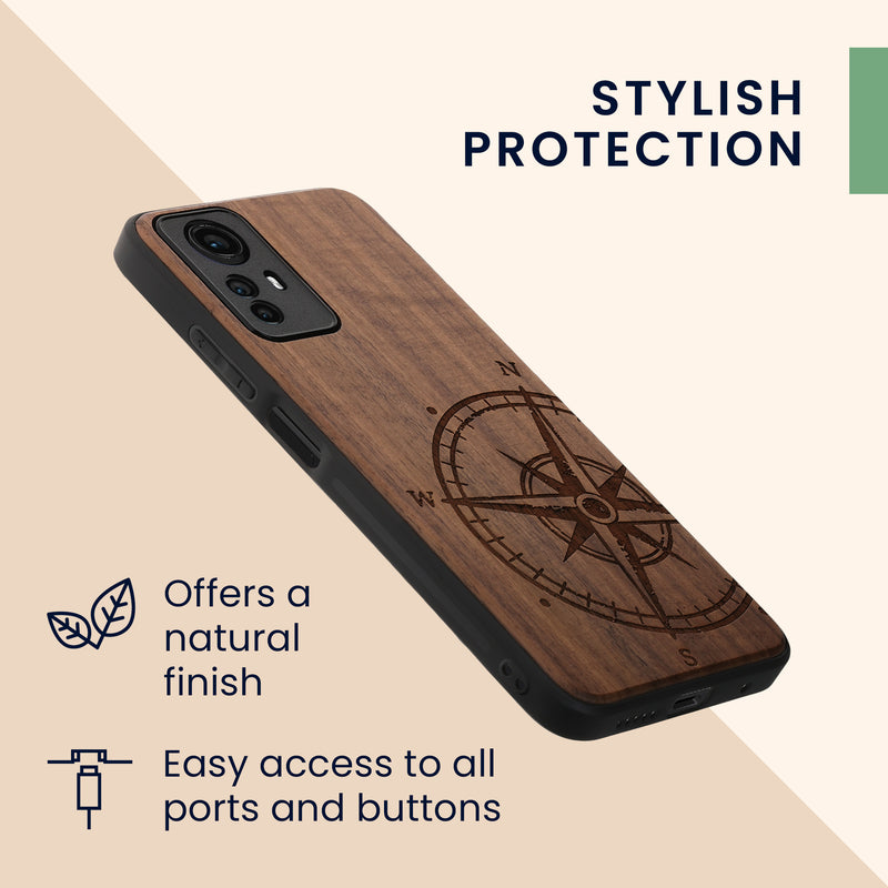 Wooden Hard Case with TPU Bumper for Xiaomi Redmi Note 12S Compass Vintage