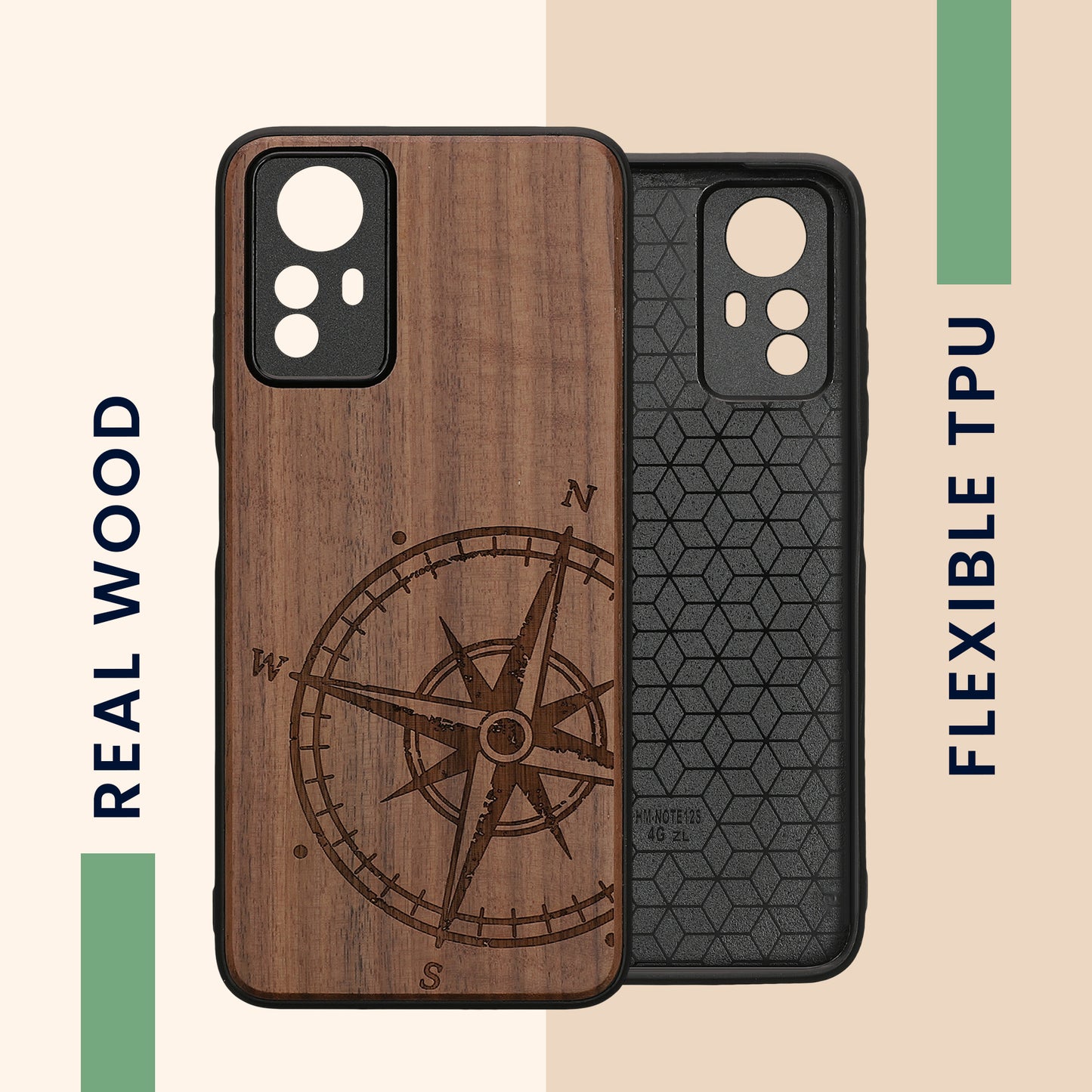 Wooden Hard Case with TPU Bumper for Xiaomi Redmi Note 12S Compass Vintage