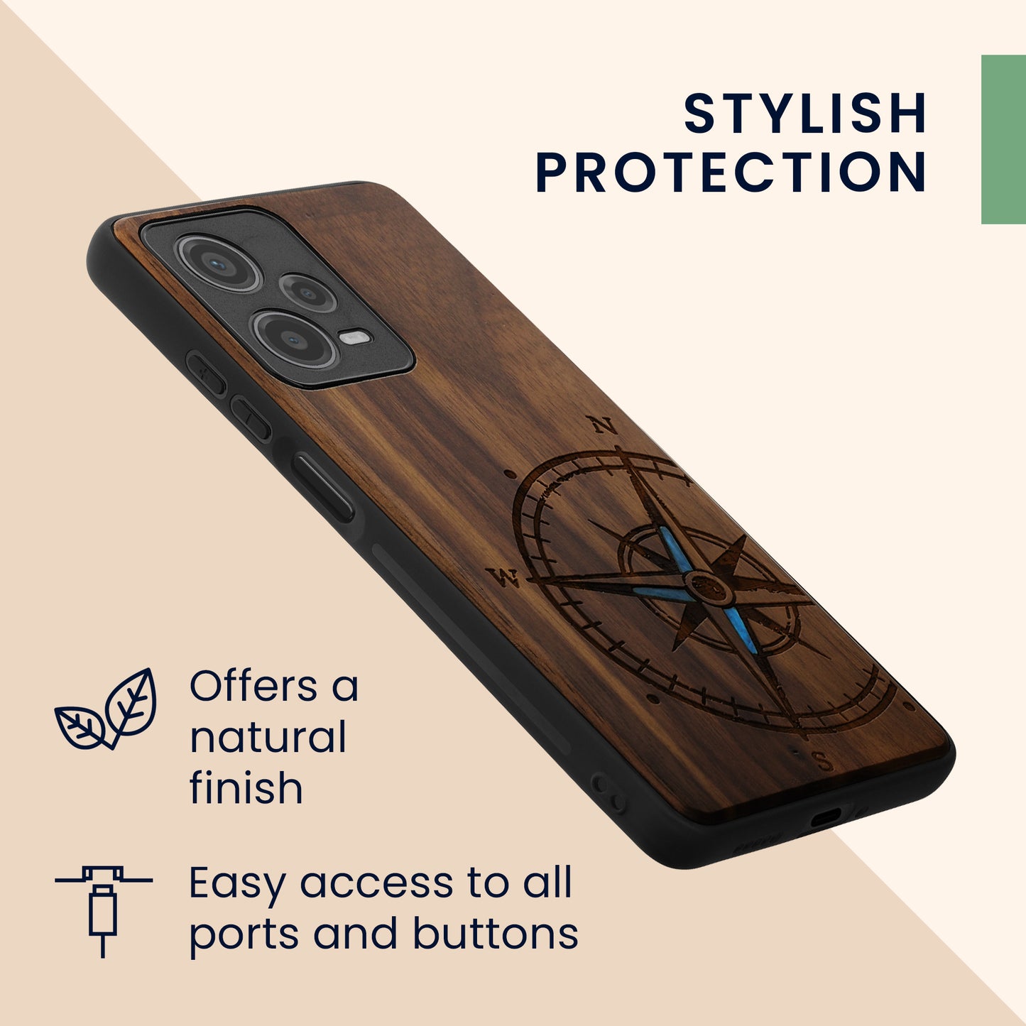 Wooden Hard Case with TPU Bumper for Xiaomi Redmi Note 12 Pro 5G Vintage Compass with Mother of Pearl