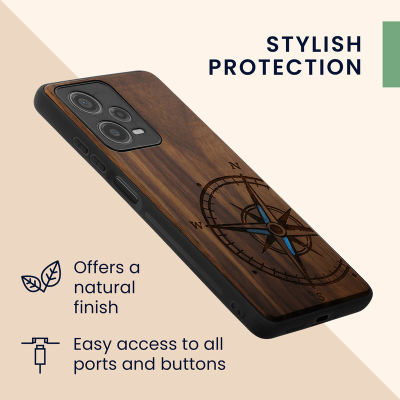 Wooden Hard Case with TPU Bumper for Xiaomi Redmi Note 12 Pro 5G Vintage Compass with Mother of Pearl