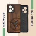 Wooden Hard Case with TPU Bumper for Xiaomi Redmi Note 12 Pro 5G Vintage Compass with Mother of Pearl