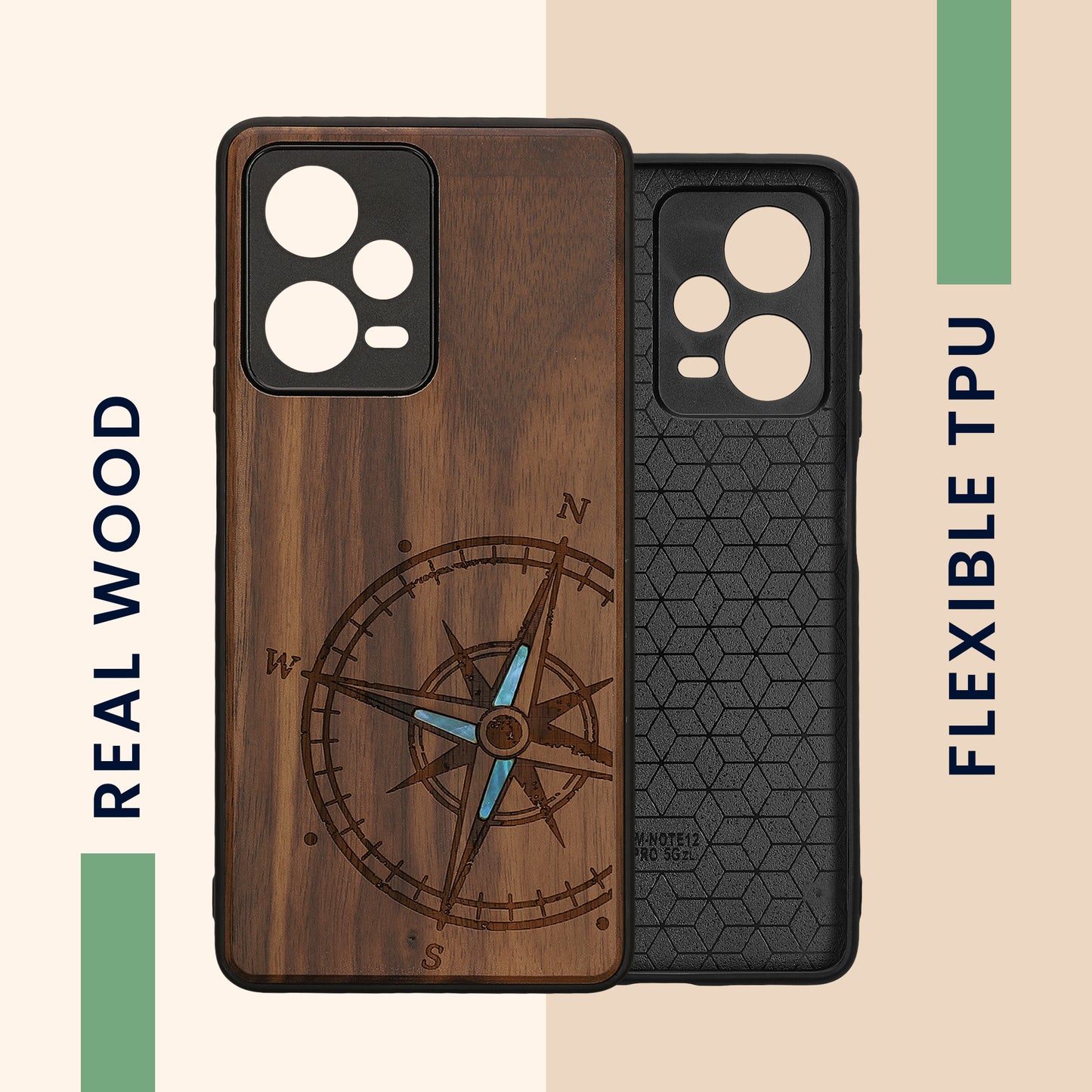 Wooden Hard Case with TPU Bumper for Xiaomi Redmi Note 12 Pro 5G Vintage Compass with Mother of Pearl