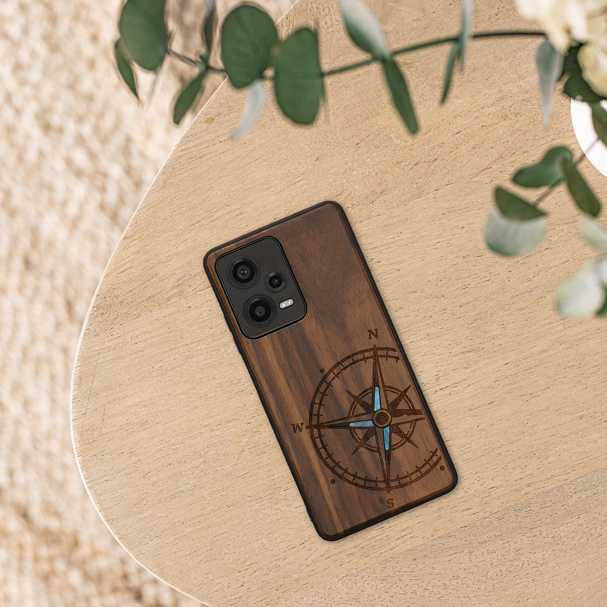 Wooden Hard Case with TPU Bumper for Xiaomi Redmi Note 12 Pro 5G Vintage Compass with Mother of Pearl