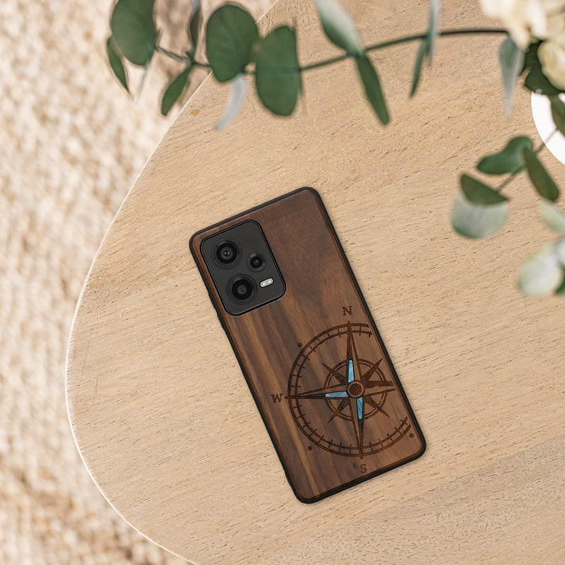 Wooden Hard Case with TPU Bumper for Xiaomi Redmi Note 12 Pro 5G Vintage Compass with Mother of Pearl