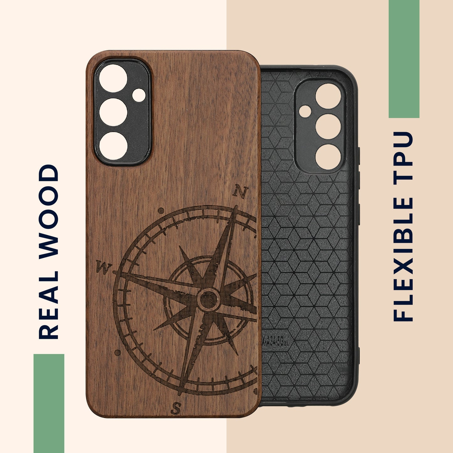 Samsung Galaxy A34 5G Shockproof Hard Case with TPU Bumper Wooden Compass