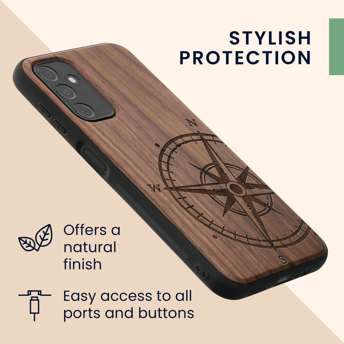 Samsung Galaxy A14 5G Shockproof Hard Case with TPU Bumper Wooden Compass
