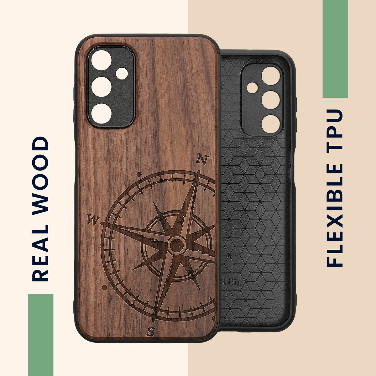 Samsung Galaxy A14 5G Shockproof Hard Case with TPU Bumper Wooden Compass