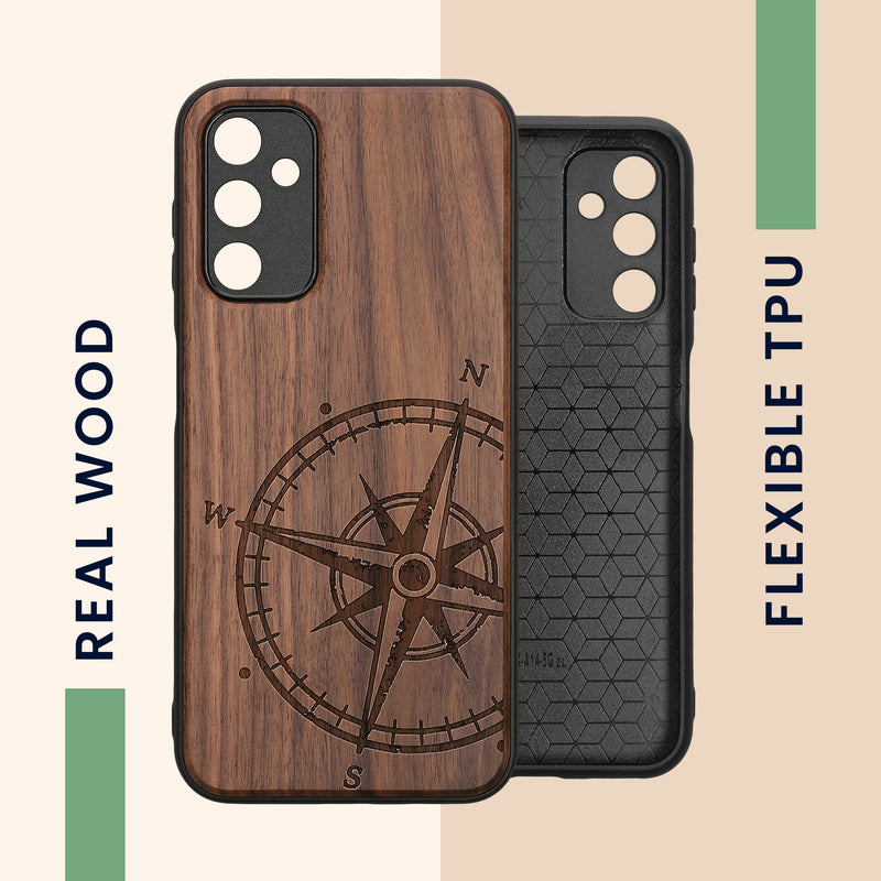 Samsung Galaxy A14 5G Shockproof Hard Case with TPU Bumper Wooden Compass