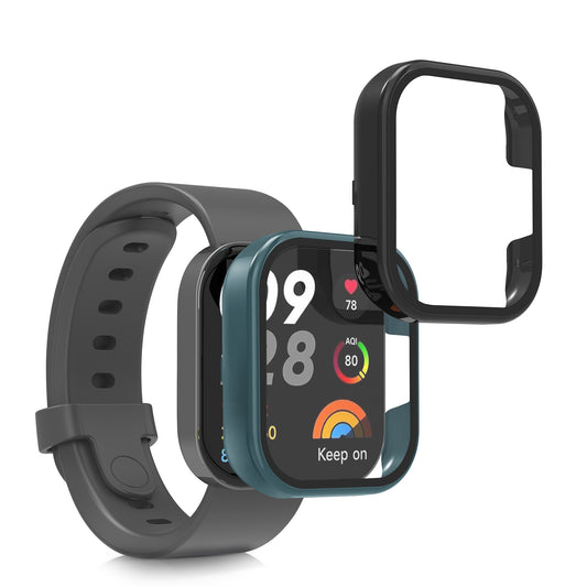 kwmobile 2x Glas Hülle für Xiaomi Redmi Mi Watch Lite 3 / Redmi Watch 3 Schutzhülle - Fullbody Fitnesstracker Case Set aus Glas - Schwarz Grün Schwarz  [dsg03]