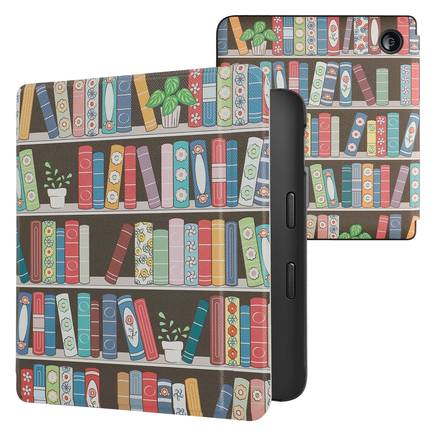 kwmobile Schutzhülle für Kobo Libra 2 Hülle - eReader Flip Case mit Auto Sleep Funktion - Bücherregal mit Pflanzen mit Blau Grün Pink Blau  [dsg03]