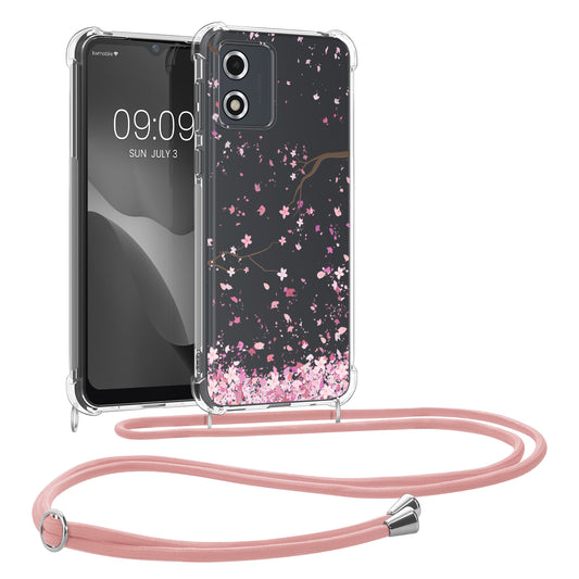 kwmobile Necklace Case kompatibel mit Motorola Moto E13 Hülle - Silikon Cover mit Handykette - Rosa Dunkelbraun Transparent Kirschblütenblätter Rosa  [dsg01]