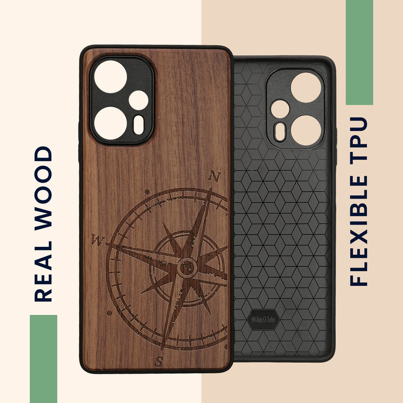 Wooden Hard Case with TPU Bumper for Xiaomi Poco F5 5G Compass Vintage